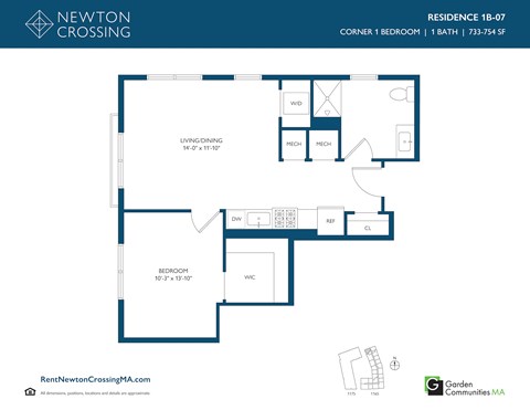 Floor plan for 1 bed, 1 bath, 731 sqft